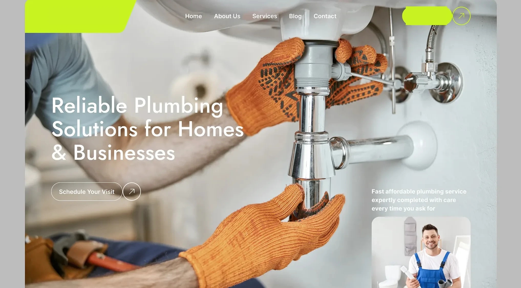The PlumbinX plumbing website with AJ answering in the corner
